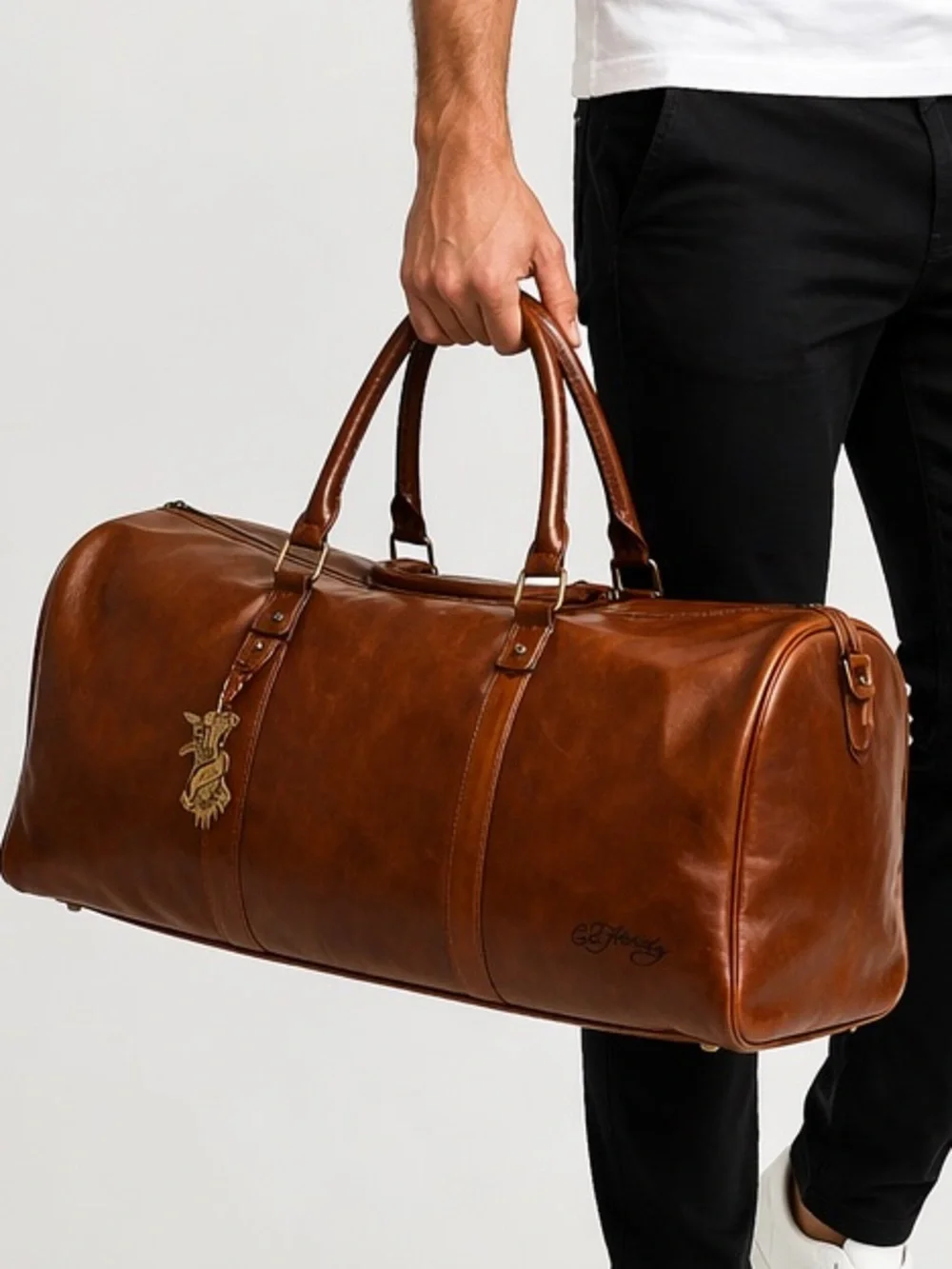 Ed Hardy Brown Leather Duffle Bag NWT Large Travel Weekender Carry On Unisex
